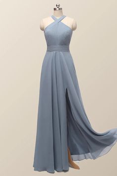 Halter Misty Blue Chiffon A-line Long Bridesmaid Dress Blue A-line Chiffon Wedding Dress, Blue A-line Chiffon Dress For Wedding, Blue Floor-length Chiffon Bridesmaid Dress, A-line Chiffon Bridesmaid Dress For Banquet, Light Blue Fitted Chiffon Dress For Wedding, Fitted Light Blue Chiffon Dress For Wedding, Blue Chiffon Bridesmaid Dress For Prom Season, Blue Chiffon Floor-length Bridesmaid Dress, Flowy Blue Bridesmaid Dress