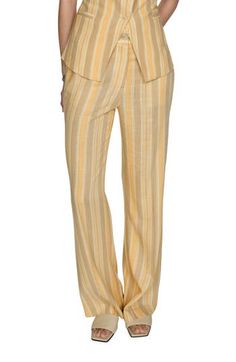 Variegated stripes and buttery hues animate these summery pants cut from a linen-kissed fabric. Zip fly with button closure Cotton lining 85% viscose, 15% linen Dry clean or machine wash, line dry Imported Striped Linen Summer Bottoms, Striped Linen Bottoms For Summer, Spring Striped Linen Pants, Chic Striped Linen Bottoms, Striped Linen Pants For Spring, Striped Wide-leg Linen Pants, Elegant Striped Linen Bottoms, Striped Linen Wide-leg Pants, Striped Linen Beach Pants