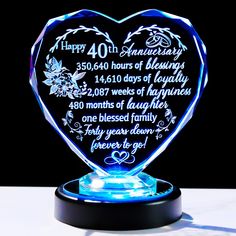 a blue heart shaped glass with the words happy anniversary on it's side and an inscription