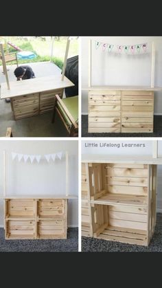 four different views of a desk made out of pallets and wooden crates, including the top one with a dog on it