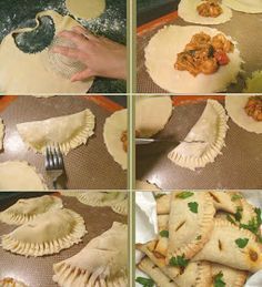 the process of making homemade empanadas is shown in four different pictures, including one being cut into small pieces