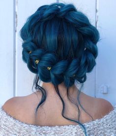 Dark Blue Hair, Bright Hair Colors, Long Hair Updo, Fantasy Hair, Bright Hair, Crown Braid, Long Curly Hair, Green Hair, Hair Designs