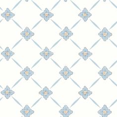 a blue and white flower pattern on a white wallpaper with diamond shaped lines in the background