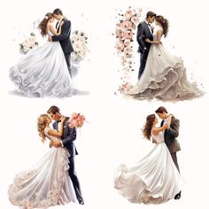 four different images of a bride and groom in their wedding gowns with flowers on them