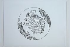 a black and white drawing of a squirrel in a circle with leaves on it's back