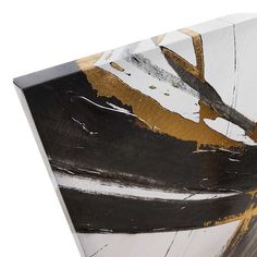 an abstract painting with black, white and gold colors