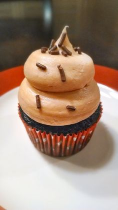 a chocolate cupcake with frosting and sprinkles sitting on a plate