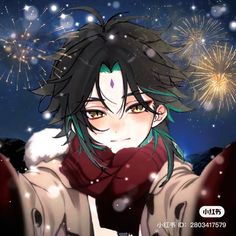 an anime character with black hair and green eyes, wearing a red scarf in front of fireworks