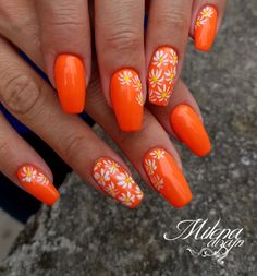 Bright Orange Summer Nails, Orange Summer Nails Designs, Orange Red Nails Design, Orange Nails Acrylic Flowers, Orange Nails With Flowers, Neon Orange Nails With Design, Orange Nails White Flowers, Orange Flower Nail Designs, Flower Nail Designs Orange