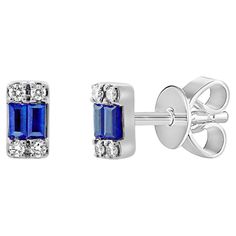 These are Unique and Beautful Baguette Sapphire Bar Earrings crafted of 14K White Gold featuring approximately 0.14cts of Baguette Sapphires and 0.05cts of round Diamonds. 14K Gold 0.14cts Baguette Sapphires & 0.05cts of Round Diamonds Gift Box Included Certificate of Authenticity - Joelle Collection  We certify that this is an authentic piece of Joelle Collection jewelry. The certificate provided with your jewelry guarantees all diamonds and/or gemstones are natural and genuine. Every piece is White Gold Earrings Studs, White Gold Studs, Diamond Gift, Tiny Studs, Star Earrings Stud, Tiny Earrings, Tiny Diamond, Tiny Stud Earrings, Diamond Star