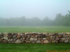 a stone wall in the middle of a grassy field on a foggy day with trees in the background