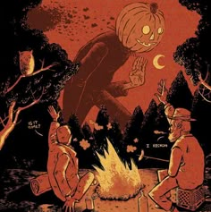 two men sitting around a campfire with an evil pumpkin in the sky above them