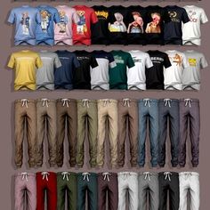 many different colored shirts and pants are arranged on a rack in front of a wall