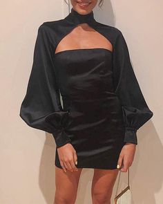 Keyhole Cutout Bodycon Dress Black Dresses Party Long Sleeve Cutout Mini Dress, Long Sleeve Cutout Mini Dress For Party, Party Mini Dress With Cutout And Long Sleeves, Solid Mini Length Dress For Going Out, Backless Mini Dress For Going Out, Chic Cutout Dress, Solid Color Fitted Dress With Cutout, Fitted Solid Color Cutout Dresses, Fitted Solid Color Dress With Cutout