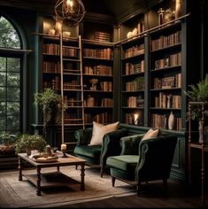 a living room filled with lots of green furniture and bookshelves full of books