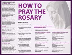 a poster with the words how to pray the rosary written in purple and white on it