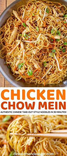 chicken chow mein in a pan with chopsticks on the side and an image of noodles