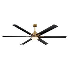 a ceiling fan with three black blades on the top and one gold blade on the bottom