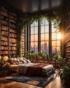 an image of a bedroom setting with bookshelves and plants in the window sill