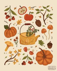 Cozy autumn illustration featuring pumpkins, mushrooms, berries, leaves, and a tea kettle, available on high quality art prints. Dreaming Art, Botanical Elements, Autumn Art, Autumn Aesthetic, Fall Wallpaper, Bullet Journaling, Tea Kettle, Autumn Inspiration