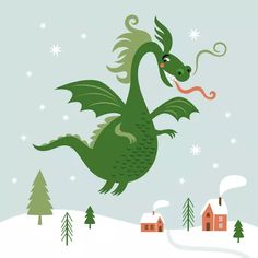 a green dragon flying through the air over snow covered ground with houses and trees in the background