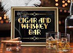 Cigar and whiskey bar sign. Printable Great Gatsby | Etsy Great Gatsby Decorations, Roaring 20s Party Decorations, Roaring 20s Birthday Party, Harlem Nights Theme, 20s Party Decorations, Gatsby Decorations, Roaring 20s Birthday, Gentlemen Club, 1920's Party