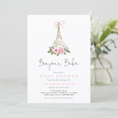 Bonjour Bebe Paris French Pink Eiffel Baby Shower Invitation  Zazzle Bonjour Baby Shower Ideas, Paris Theme Baby Shower Ideas, French Themed Baby Shower Ideas, Paris Baby Shower Theme, Themed Baby Shower Ideas, French Theme, French Pink