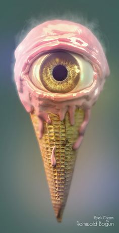 an ice cream cone with the eye in it's center and pink icing on top