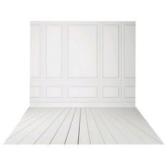 an empty room with white walls and wood flooring is shown in this 3d image