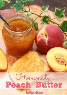 homemade peach butter with sliced peaches on a cutting board