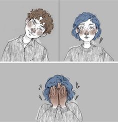 two different images of a person with blue hair covering their face