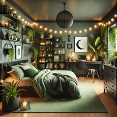 a bedroom decorated with plants and lights