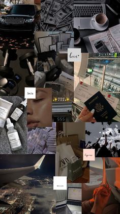 a collage of photos with various items on them including laptops, books and other things