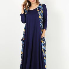 Solid, Contrast Floral Print, Maxi Dress In A Loose Fit With A Round Neckline, 3/4 Length Sleeves, And Side Pockets. Navy Long Sleeve Maxi Dress For Spring, Blue 3/4 Sleeve Dress For Fall, Blue 3/4 Sleeve Dresses For Fall, Blue Half Sleeve Dresses For Fall, Wings Dress, Chic Maxi Dresses, Blue Silk Dress, Open Back Maxi Dress, Denim Maxi Dress