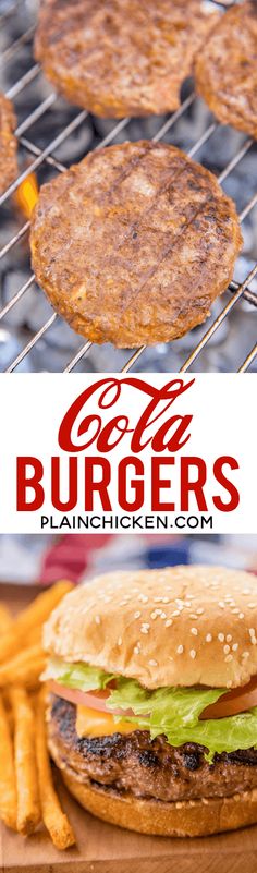 burgers and french fries are being cooked on the grill with text overlay that reads coca - cola burgers