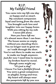 a black and white dog poem with paw prints on the front, back and sides