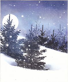 a snowy landscape with trees in the foreground and a full moon in the background