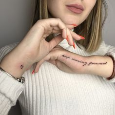 a woman with a small tattoo on her left arm and the words, don't worry