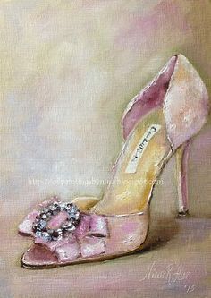 a painting of a pink high heeled shoe