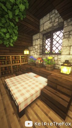 a bed in a room with lots of bookshelves and plants on the walls