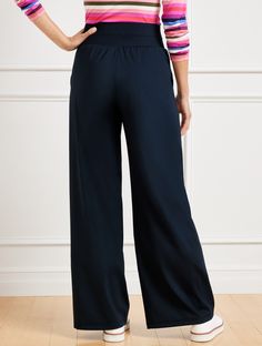 Part of T by Talbots, our most comfortable collection ever! Meet your new favorite Out & About Pants. These comfy essentials are elevated with a flattering wide leg silhouette and smooth fabric with just-right stretch. Features a comfortable waistband and slip front pockets. Features Wide Leg Hits Mid Rise Full Length Pull on closure Angled slip pockets Imported Fit: Misses: 30 1/2"; Petite: 28"; Plus: 30 1/2"; Plus Petite: 28" Material: 72% Nylon, 28% Spandex Care: Machine Wash Cold; Only Non-C Wide Leg Bottoms With Comfort Waistband, Versatile Wide Leg Pull-on Pants, Versatile Wide Leg Pull-on Sweatpants, Versatile Full-length Relaxed Fit Pants, Versatile Wide-leg Bottoms With Relaxed Fit, Versatile Relaxed Fit Wide Leg Pants, Versatile Full-length Wide Leg Pants, Versatile Relaxed Fit Wide-leg Pants, Versatile Wide-leg Pants With Relaxed Fit