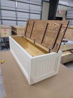 a large wooden chest sitting on top of a table