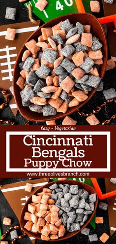 a bowl full of puppy chow next to a football field with the words cincinnatii bengalis puppy chow on it