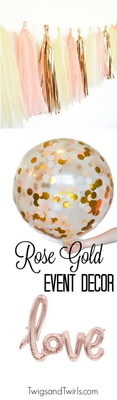 rose gold event decor with balloons and streamers