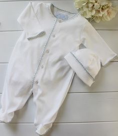 Beautiful baby boys white footed onesie is made of soft pima cotton fabric and features vintage crochet. This classic long sleeve sleeper makes a beautiful baby boys coming home layette outfit. 100% Pima Cotton Machine Washable Looks great personalized Fitted White Onesie For Bedtime, White Long Sleeve Onesie For Baptism, Fitted White Onesie For Baptism, White Short Sleeve Onesie For Baptism, White Fitted Onesie For Baptism, White Cotton Footie For Sleep, A Light Green Newborn Baby Boy Pajamas, Spring Season Cotton Sleep Footie, Pima Cotton Fabric