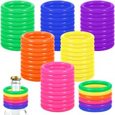 an assortment of colorful plastic rings and hoses