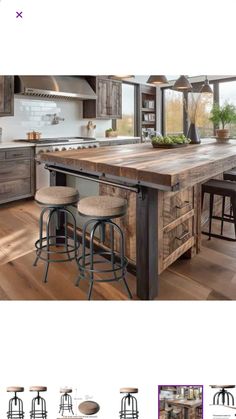 an image of a kitchen island with stools in the middle and other pictures above it