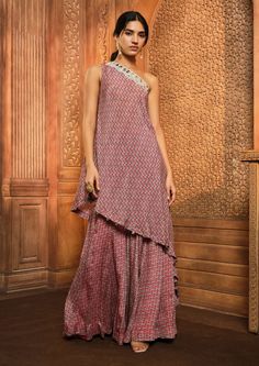 Aneesh Agarwaal-Red Oval Printed Sharara Set-INDIASPOPUP.COM Luxury Mulmul Sharara With Traditional Drape, One Shoulder Kurta Set, One Shoulder Suits Indian, Asymmetrical Kurti, One Shoulder Kurta, Aneesh Agarwaal, Kurta And Sharara Set, Indian Outfits Modern, Printed Sharara