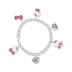 the hello kitty charm bracelet is shown with several charms on it's link chain