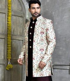 🕴️🕴️ Self Embroidered + Printed INDO WESTERN 3 pice Set 🕴️🕴️ Attributes As Follows Top 👉 - Light Beige Front Open Long Jacket in INDO WESTERN Style Inner Jacket  👉 Maroon Sleeveles Premium Silk Inner Jacket Work 1 👉 Self Embroidered + Printed  Trouser 👉 Chididar We Will Do Custom Stitching as per our body measurements Just Like You visit a tailor for stitching  We Will Take Your Body Measurements In whtsapp/Telegram/FB/Zoom Video call Men Long Jacket, Wedding Suit Men, 3 Piece Suit Men, Sherwani Wedding, Groom Sherwani, Zoom Video, Suit Groom, Suit Man, Wedding Sherwani